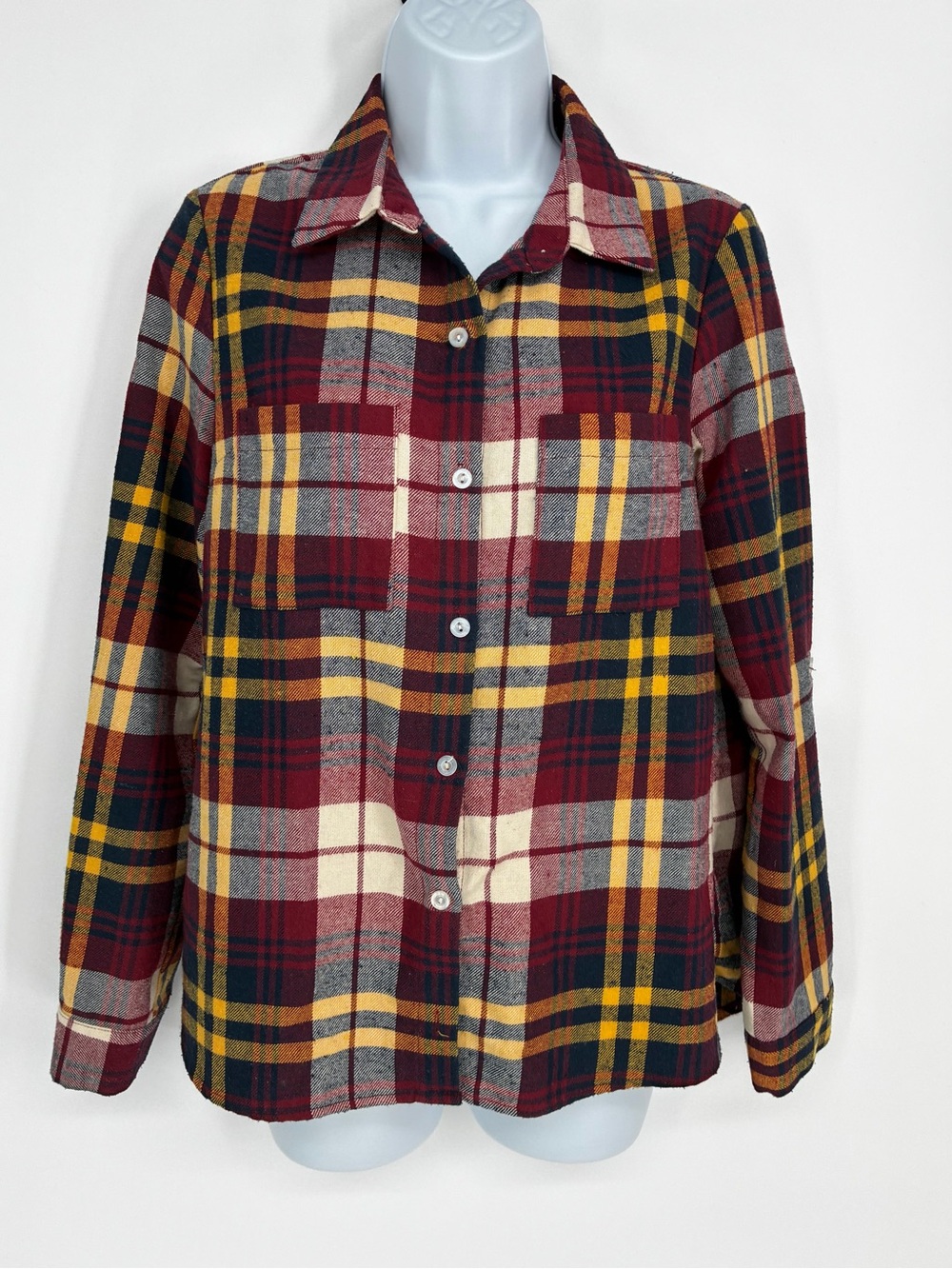 En Crème Maroon Yellow Plaid Flannel Button Down Shirt Top Sz S